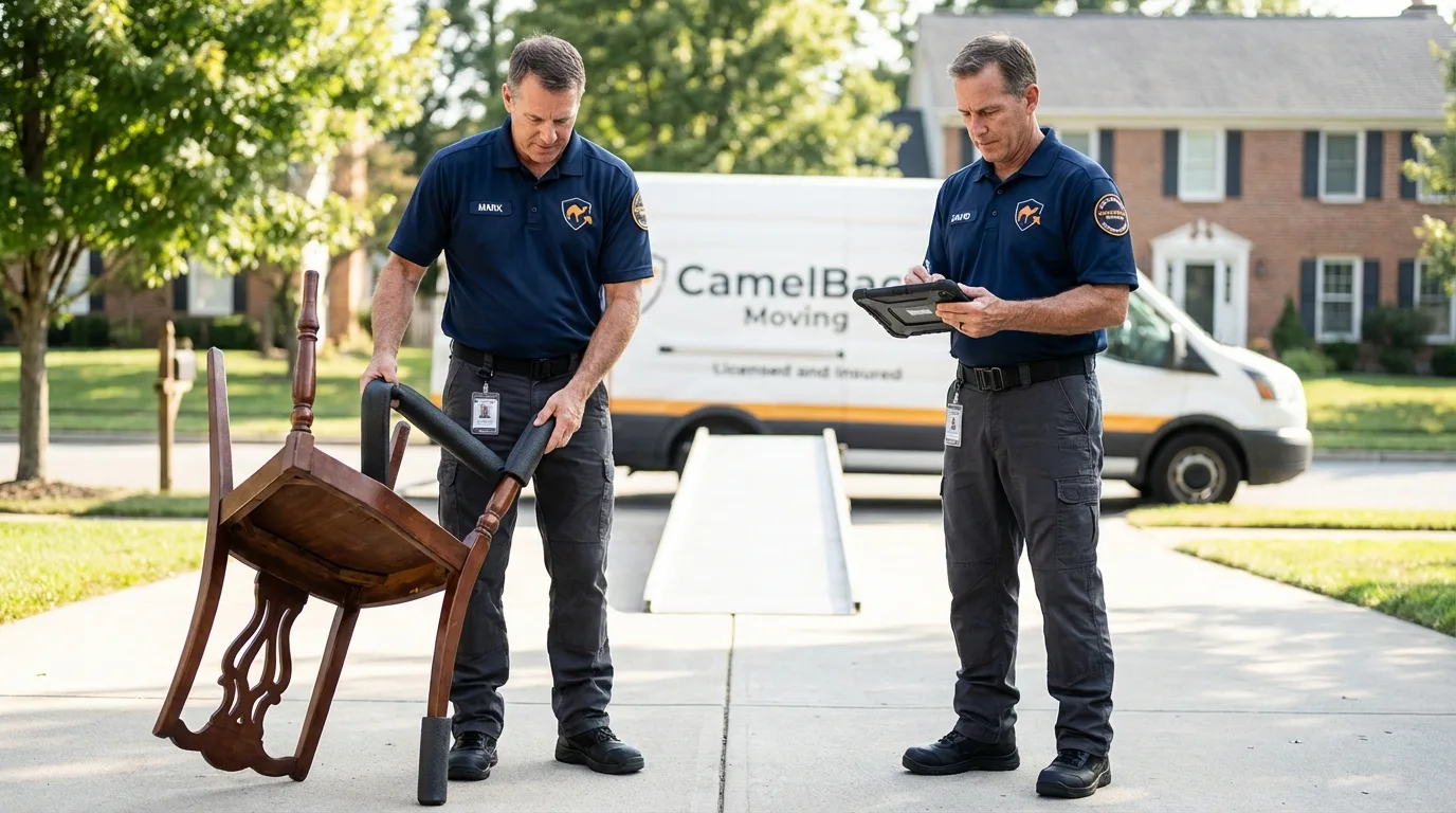 Movers inspecting furniture for damage prevention before loading in Addis, LA