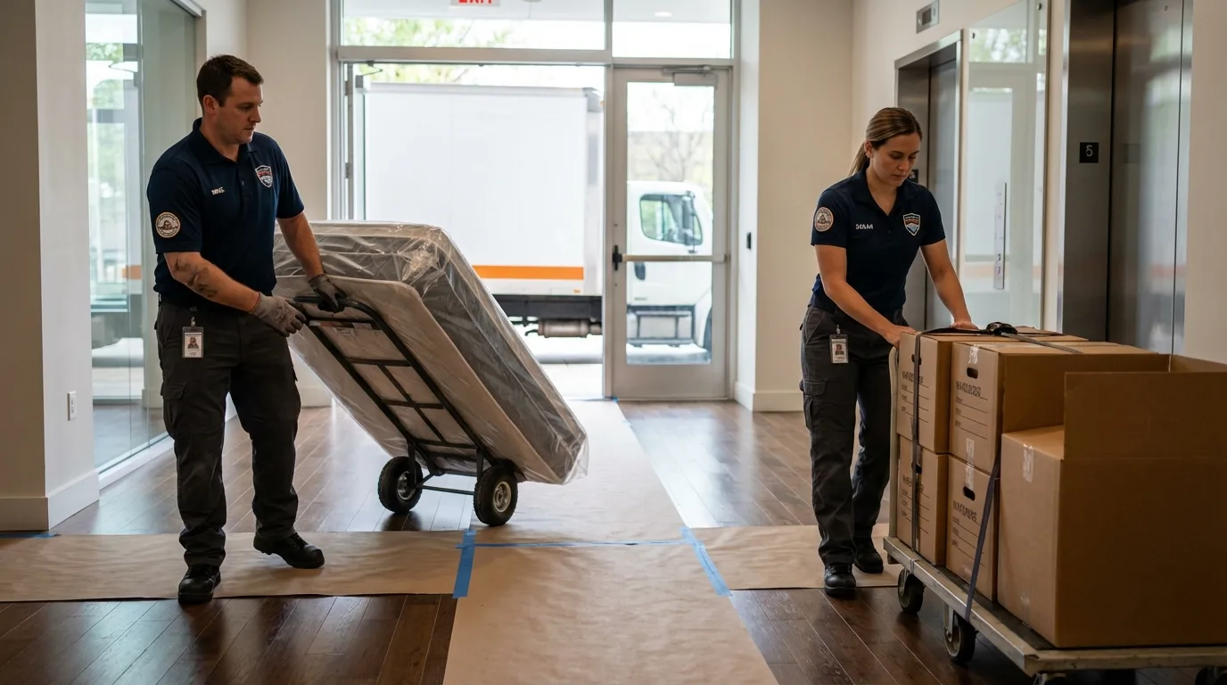Professional apartment movers loading elevator in Addis, LA